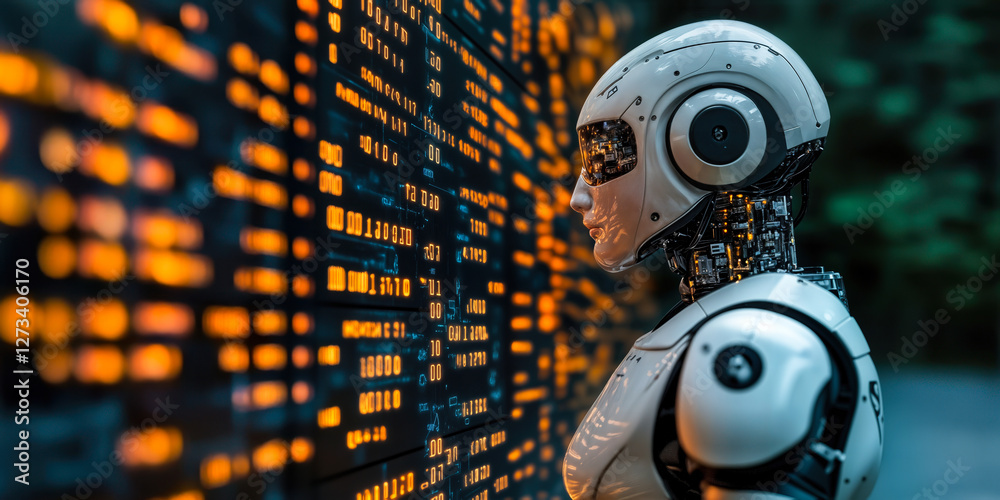 Poster futuristic robot analyzing data on digital screen in high-tech environment with glowing interface an