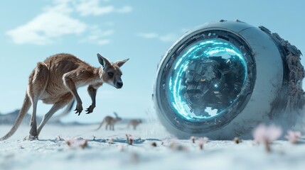 A kangaroo curiously approaches a futuristic robotic sphere in a barren landscape, blending nature and technology in an imaginative desert scene with vivid colors.