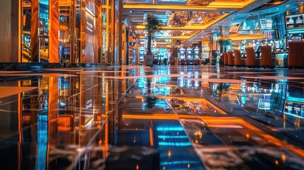 Fototapeta premium Luxurious casino interior with golden lighting, sleek architecture, and reflective marble floors. Opulent atmosphere, high-end design, elegant entertainment, modern gaming venue, wealth. Generative AI