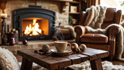 Fototapeta premium A steaming cup of coffee sits invitingly near a crackling fireplace in a cozy living room.