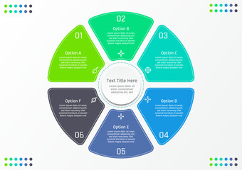 6 options business infographic template, theme of divided circle in pie chart style, also with center circle for title