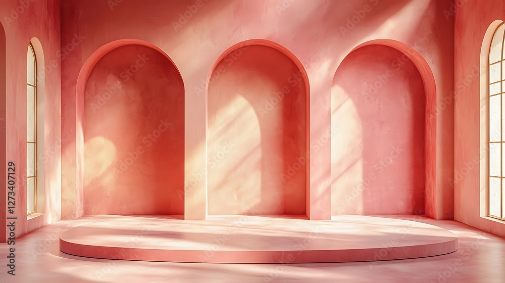 Poster Pink stage platform and arches for product display with light and shadows in studio