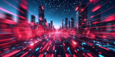 A dynamic cityscape illuminated with streaming red and blue data lines conveys technological advancement and digital connectivity.