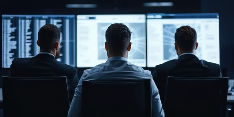 virtual event conference technology concept.Futuristic online panel discussion with AI moderator, three professionals