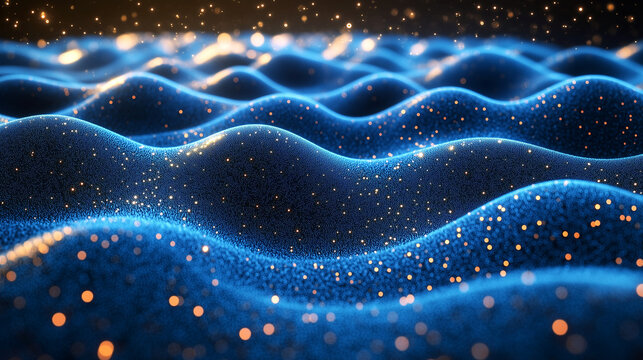 Des ondes bleues digitales, vagues, qui vont vers l'infini, points dor&eacute;s, arri&egrave;re-plan, bokeh effet