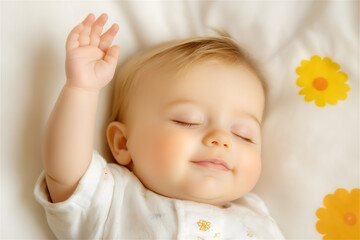 A peaceful image of a sleeping baby with a calm expression, wrapped in a soft blanket. The baby's face is serene, symbolizing comfort and innocence.