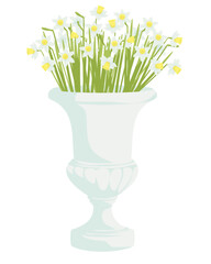 Blooming daffodils in decorative planter.