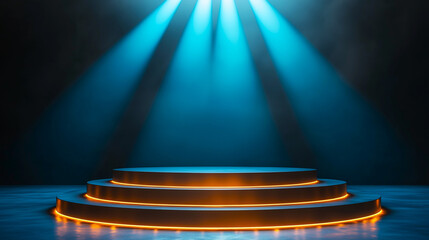 Un podium, une estrade de trois marches soulign&eacute;es par des n&eacute;ons jaunes, &eacute;clair&eacute;e par des spots qui r&eacute;v&egrave;le un effet de fum&eacute;e