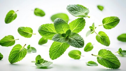 High-resolution image: fresh mint leaves falling against a white background.  Perfect for culinary, herbal, and food photography uses.