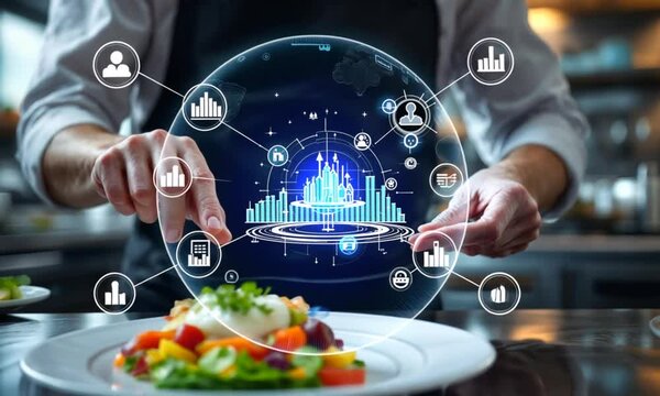 Chef using digital menu technology in restaurant kitchen