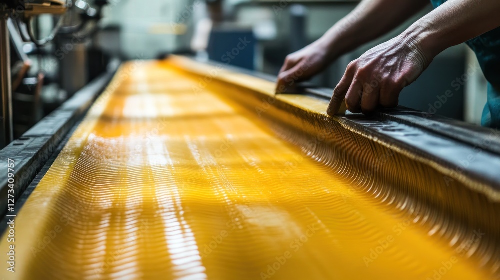 Aufkleber manufacturing process displaying a worker handling a long yellow material