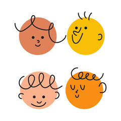 Cute doodle face set. Diferrent funny faces stickers. Modern isolated vector illustration.