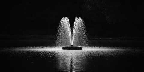 A monochrome scene captures an elegant, circular water fountain centered on a tranquil lake. Its cascading jets dance elegantly amidst still waters under a serene sky