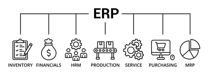 ERP banner icon with inventory, financials, hrm, production, service, purchasing, mrp