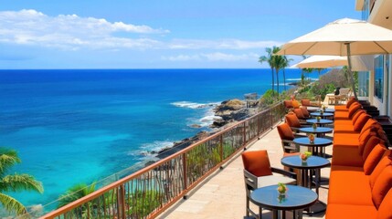 Naklejka premium Stylish rooftop bar with elegant seating and panoramic ocean views.