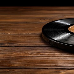 A close-up of a vintage vinyl record resting on a rustic wooden surface, capturing musical nostalgia.