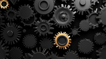 An abstract image of gears and mechanical elements in dark tones, with some golden highlights, representing the concept of technology, innovation, and engineering.