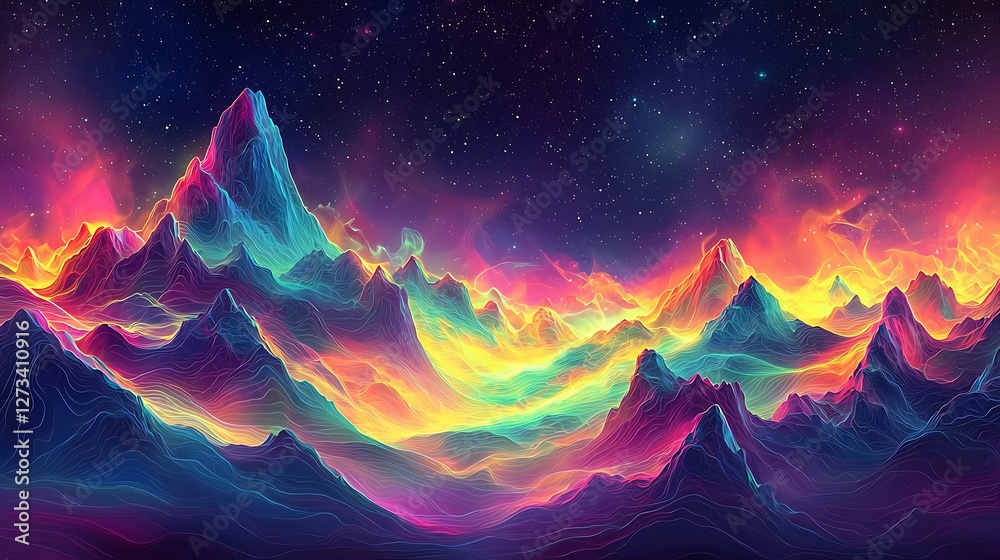 Aufkleber Psychedelic mountain range glowing under a colorful nebula against a starry background
