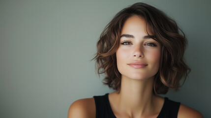 Fototapeta premium young woman with wavy hair smiles softly against neutral background, exuding confidence and warmth.