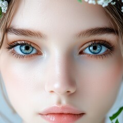 Obraz premium A close-up portrait of a young woman with striking blue eyes and delicate floral accents in her hair.