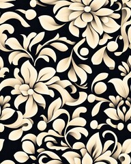 Ethnic Fabric Seamless Pattern Elegant floral pattern in cream and black, perfect for backgrounds and designs.
