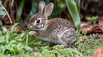 Fototapeta premium Rabbit eating grass in the garden with natural green background. A wildlife scene