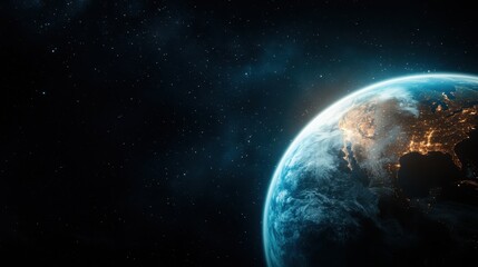 A breathtaking view of Earth captured from outer space at night, showcasing illuminated cities and a deep cosmos background with stars and galaxies.