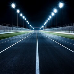 Illuminated Race Track at Night with Grandstands and Bright Lights