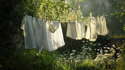 White linen clothes hanging on a clothesline under blooming spring branches. Sunlight filters through the fabric, creating a warm and peaceful countryside scene. Generative AI