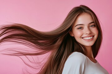 Fototapeta premium Smiling young woman with long, flowing brown hair on a pink background. Beauty, hair care, and happiness concept.