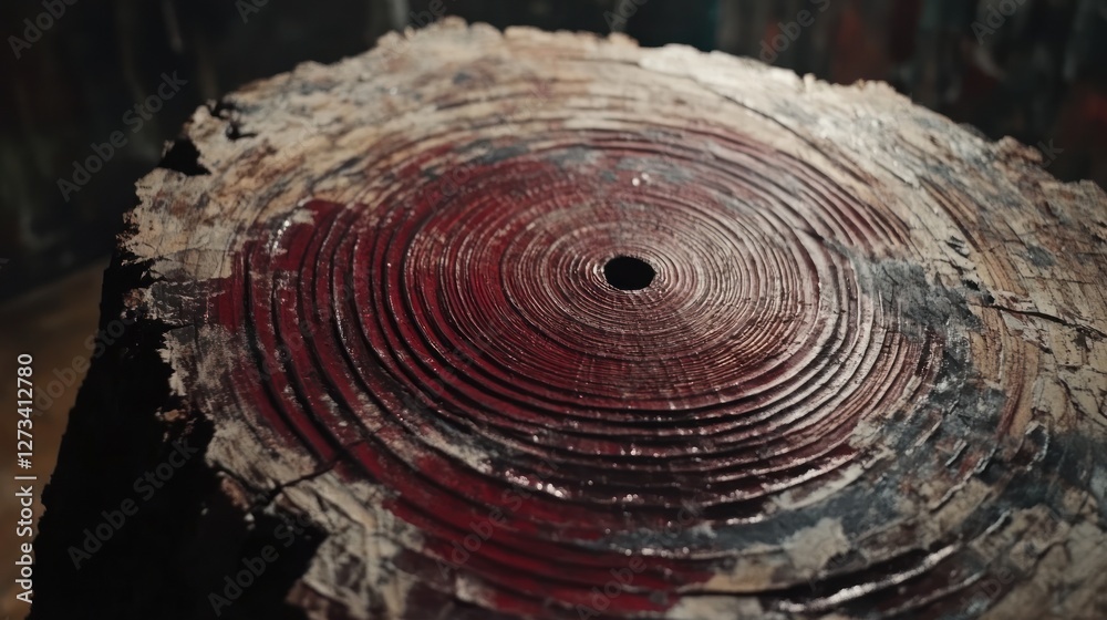 Poster Tree stump with concentric red circles and a center hole