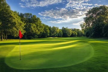 Scenic Golf Course with Red Flag &ndash; Lush Green Fairway
