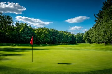 Obraz premium Scenic Golf Course with Red Flag – Lush Green Fairway