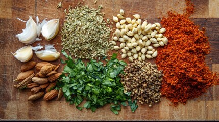 Berbere Spice Blend Ingredients on Cutting Board Close-up: Ground herbs and spices for Ethiopian Berbere spice mixture on a wooden chopping board