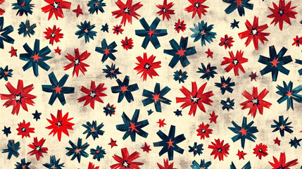 a hand-drawn pattern of abstract red white and blue stars scattered across a cream background creating a playful patriotic theme
