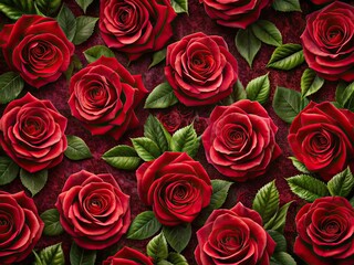 Obraz premium Luxurious dark wallpaper showcases elegant red roses. A striking floral pattern for sophisticated designs.