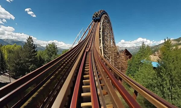 Wooden Roller Coaster Ascending a Steep Curve Against a Mountainous Landscape