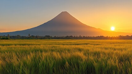 Sunrise over volcano, golden rice paddy