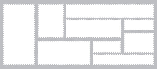 Vintage blank postage stamps isolated on white background. Collection perforated paper mark. Flat design. Vector illustration. Post stamp frame outline icon.  White postage stamp icon vector set.
