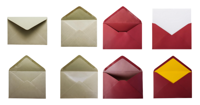 Colorful Envelopes with Open and Closed Flaps on White Background, isolated on transparent background