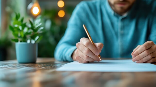 A focused man writes with a pen on a blank sheet of paper, surrounded by greenery, conveying a sense of inspiration and creativity through his quiet, contemplative action.
