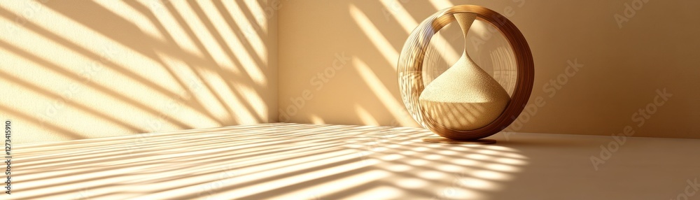 Poster hourglass with sand resting in corner with light casting shadows
