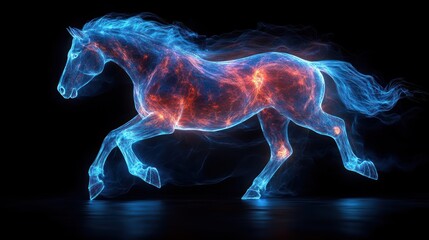 Glowing horse running, dark background, energy, design