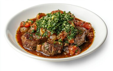 Hovering dish of Italian osso buco with gremolata, isolated on a white background