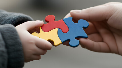 Child and adult joining colorful puzzle pieces, concept of cooperation