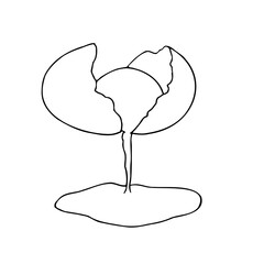 Vector broken raw egg with yolk. Graphic ink Eggshell illustration isolated on background. Hand drawn line sketch. For designers, prints, logo, icon, menu, postcards, holiday, covers