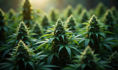 A serene close-up of lush cannabis plants, showcasing vibrant green leaves and dense buds, perfect for themes related to agriculture, wellness, and the evolving cannabis industry.