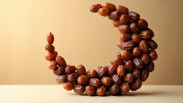 A crescent moon formed from dried dates, symbolizing the beauty of Ramadan Kareem, set against a serene backdrop perfect for the festive spirit of the month. - Powered by Adobe