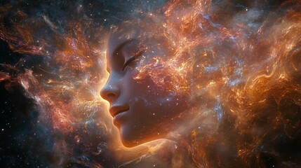 Serene face engulfed in cosmic nebula.