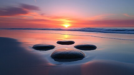 Sunrise stones on beach, calm water reflection
